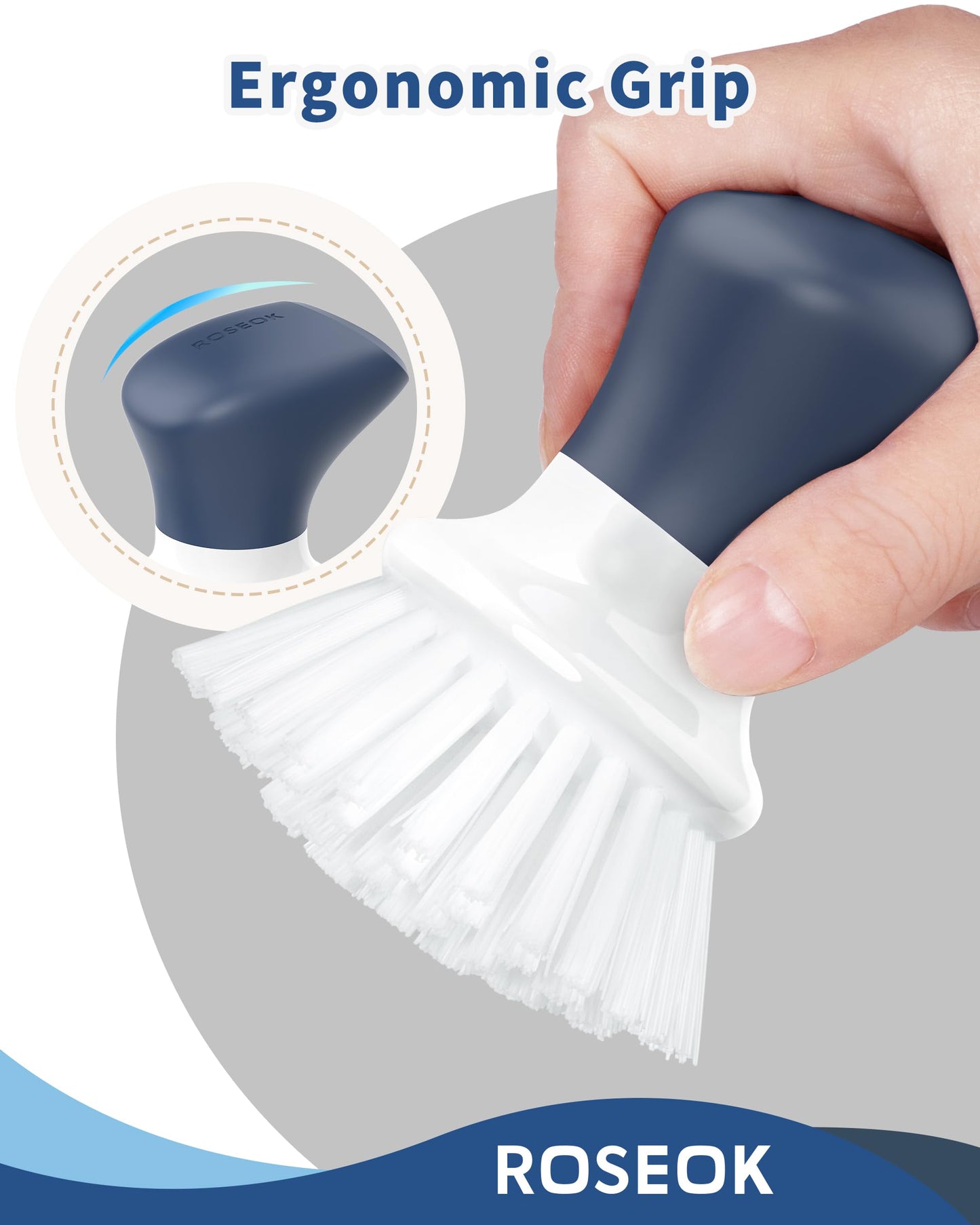ROSEOK Dish Scrub Brush,Self-Standing Palm Brush with Ergonomic Grip for Cleaning Dishes,Non-Stick Pans and Sinks,Navy Blue,2 Pack
