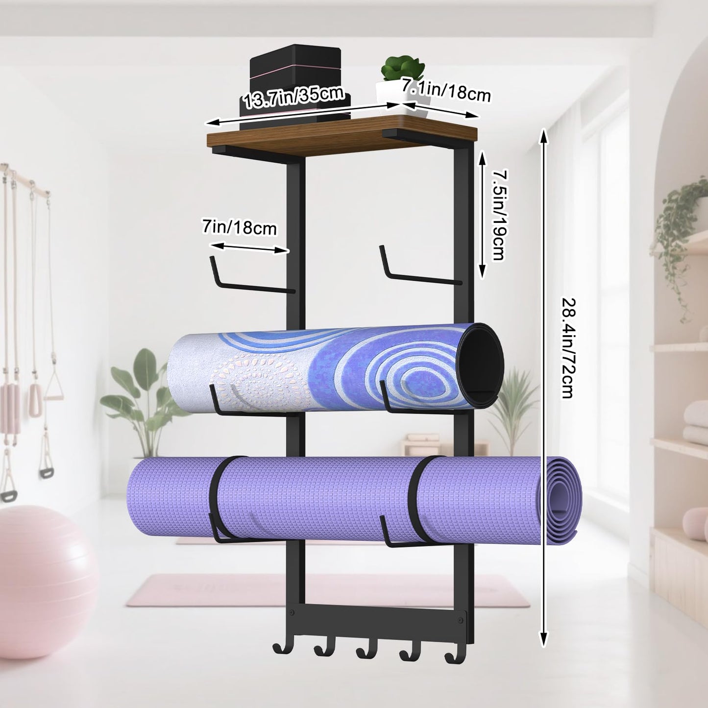 BSTSLL Yoga Mat Holder Wall Mount, Yoga Mats Storage Rack, Home Gym Wall Organizer Holder with Wood Floating Shelf and 5 Hooks, Storage Rack for Hanging Foam Roller/Band/Workout Equipment