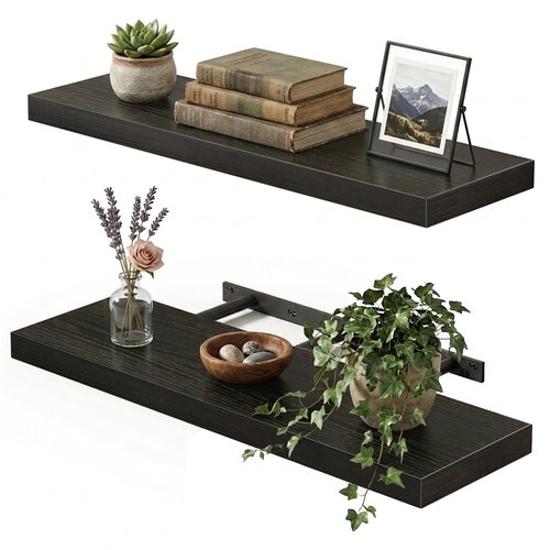 Fixwal Black Floating Shelves for Wall, 22" Long Wall Mounted Rustic Wood Shelves for Living Room, Bedroom, Bathroom and Kitchen, Wall Shelves for Storage, Books, Room Decor Set of 2
