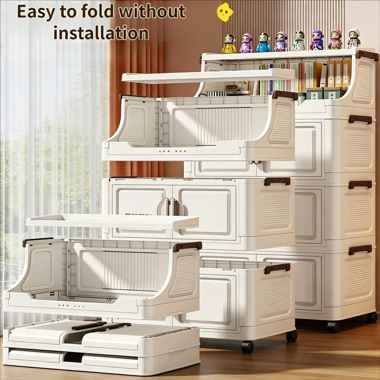 SWBDYS Collapsible Storage Bins with Lids, Foldable Storage Box with Doors and Wheels, 210QT Lockable kitchen cabinet organizer, White Plastic Drawers for Bedroom Office（5 Pack 1 top lid Large）