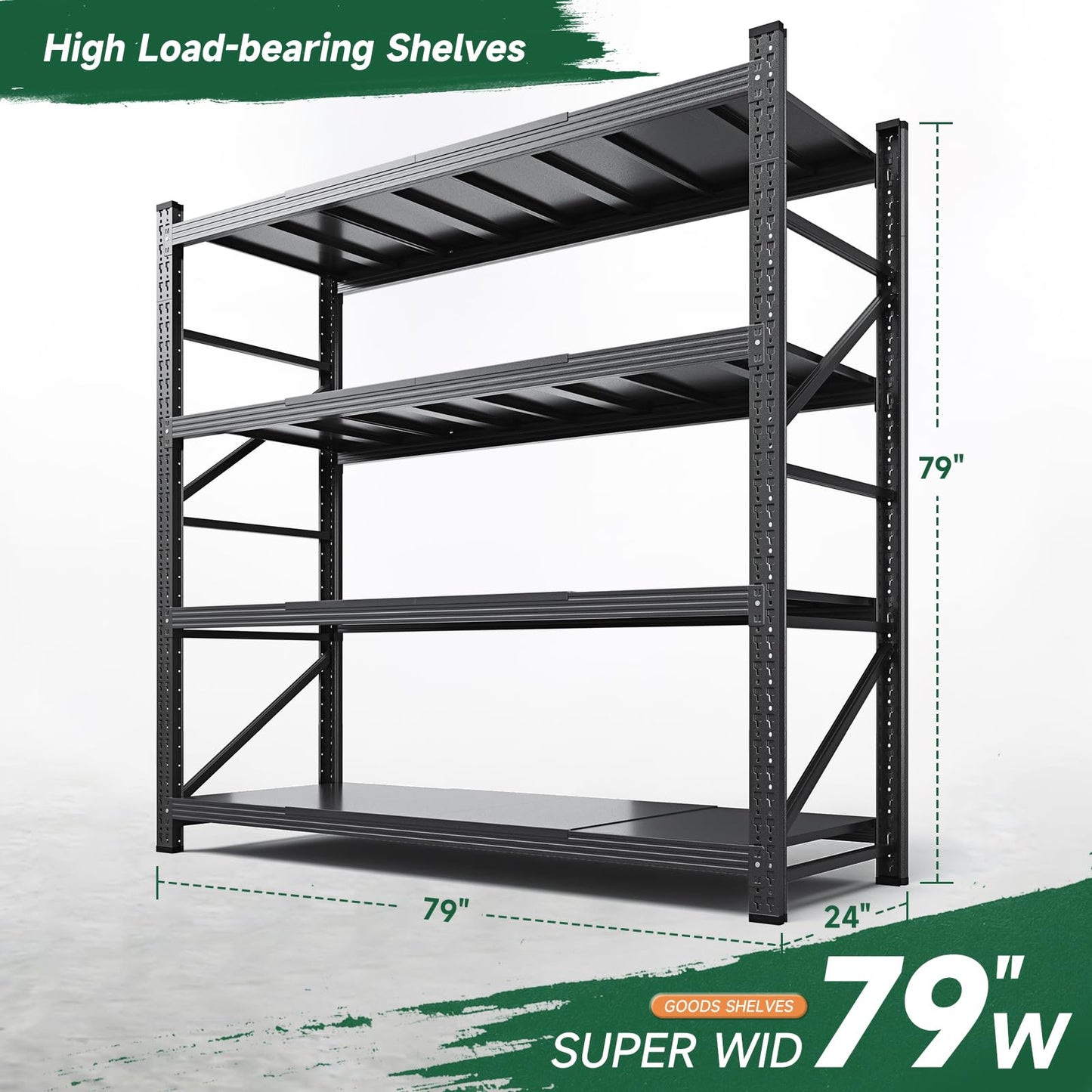 Letaya 6000LBS Storage Shelves Heavy Duty,79" W Garage Shelving Units, 4 Tier Adjustable Utility Rack Shelf,Large Metal Industrial Shelves,for Shop,Warehouse,Basement,Black (79" W x 24" D x 79" H)