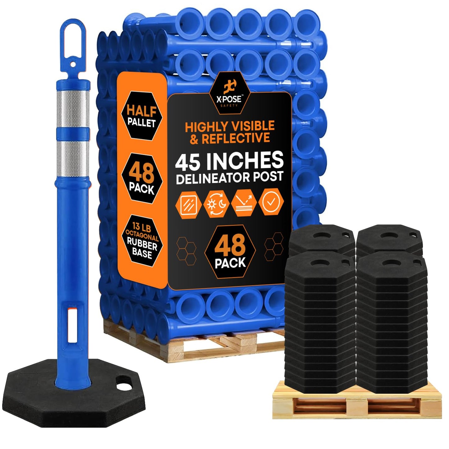 Xpose Safety 45" Blue Delineator Posts with Base, Bulk Half Pallet 48-Pack – Ring Top, 10" Reflective Band, 13 lb Rubber Base – Traffic, Parking, Construction, Events