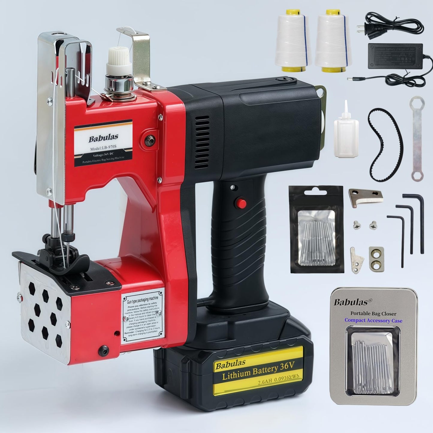 Cordless Bag Sewing Machine |PortableIndustrial Bag Closer |2-Second Fast Sealingfor Woven PP/Canvas/Jute Bags |Factory &Farm Bag Stitcher (Red, Lithium Battery-36VDC)