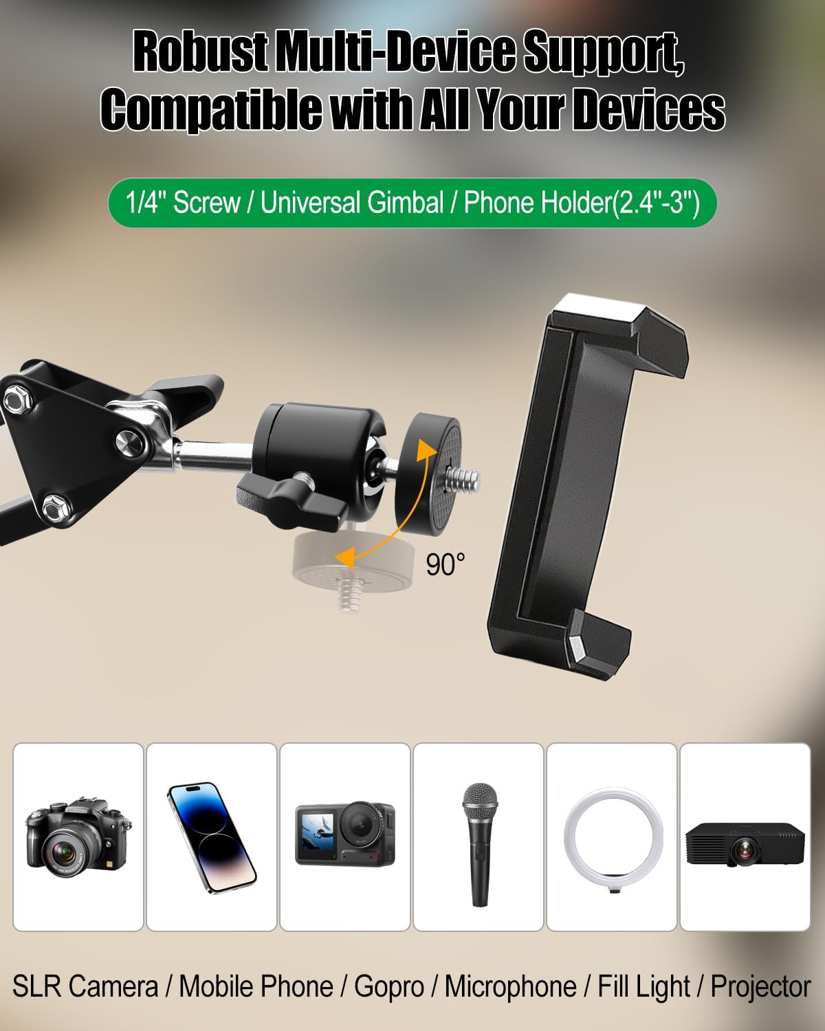 MQHXUY Overhead Camera Mount for Desk, Heavy Duty Adjustable Arm Stand for Phone Webcam DSLR Ring Light