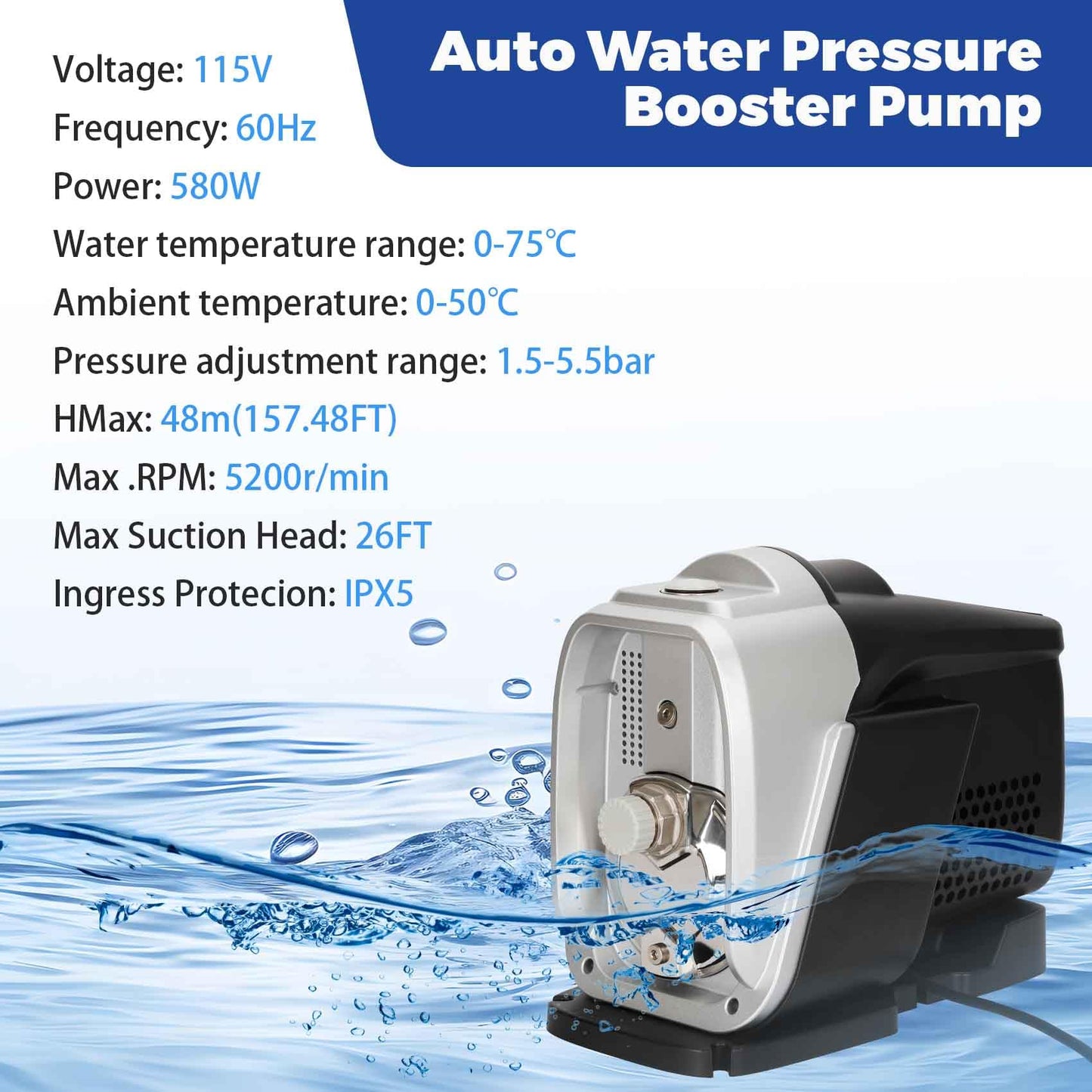 80 PSI 115V Self-Priming Whole House Water Pressure Booster Pump, Variable Speed Automatic Constant Pressure, 98562818 60Hz Home Water Pressure Booster Pump, Shower, Garden, Shallow Well