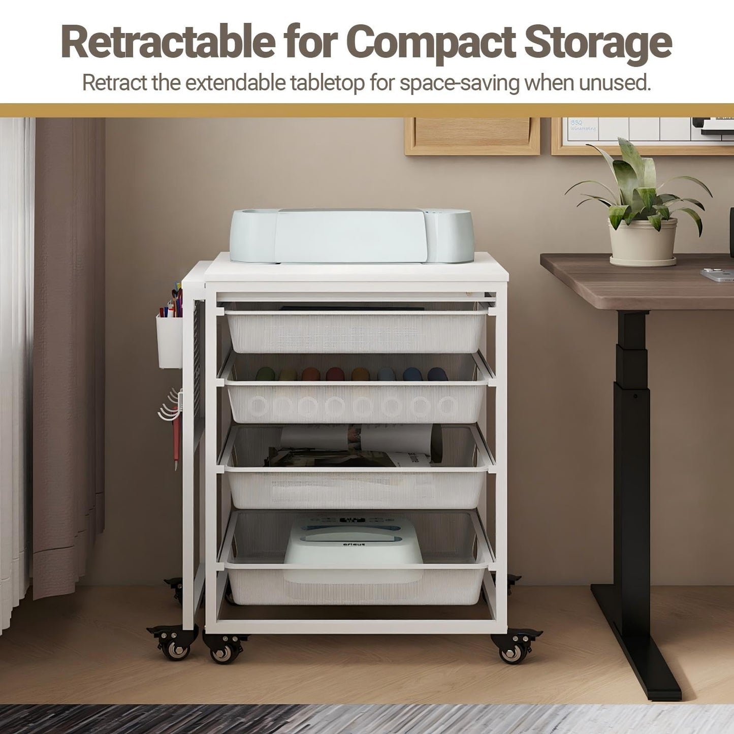Rolling Craft Storage Cart with Wheels & Mesh Drawers, Extendable Craft Table with Pegboard Organizer, Muti-Functional Work Table for Sewing, Arts and Crafts, Scrapbooking Storage,3D Printers (White)
