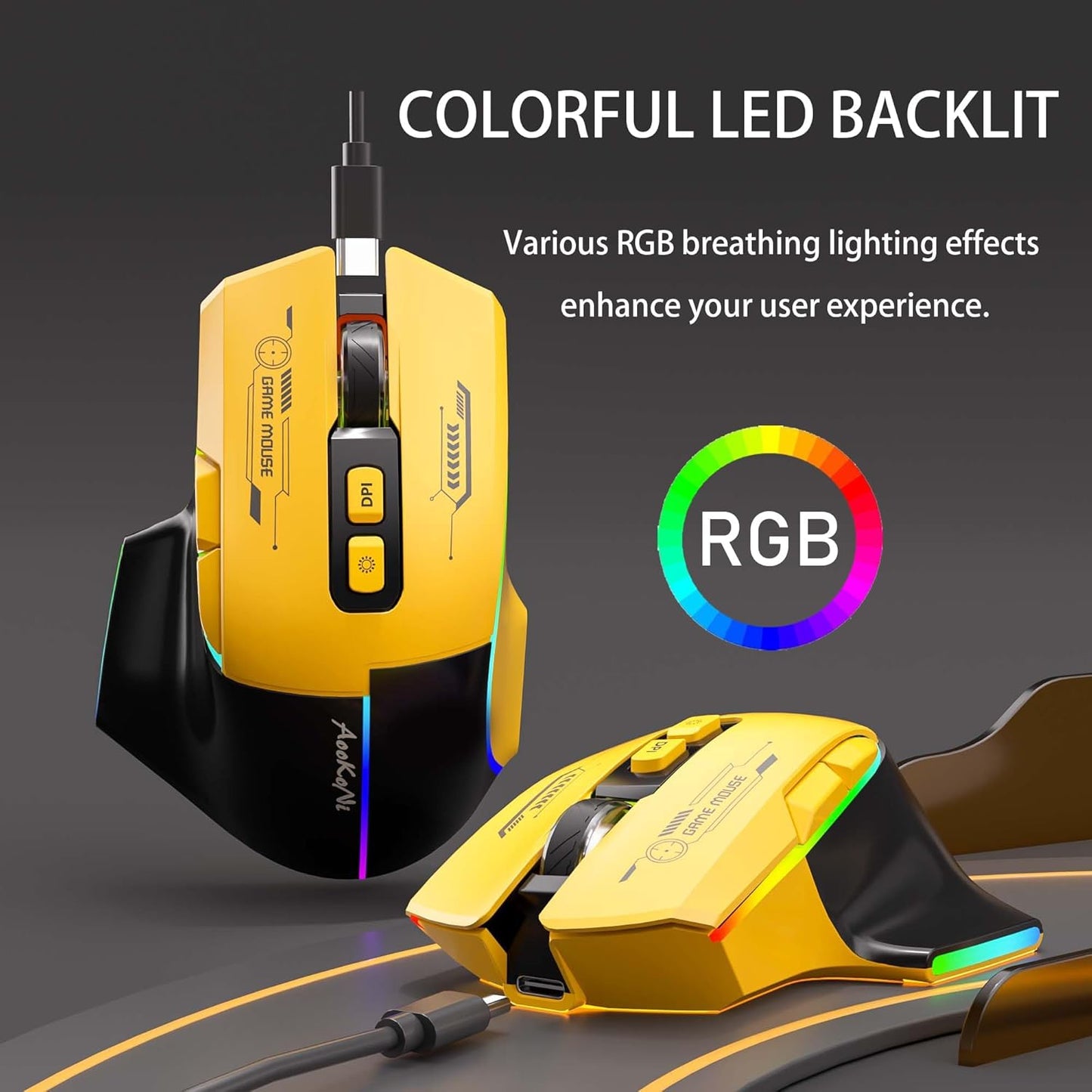 mobiproduct 5 7200, Wireless MouseErgonomic Mouse with Adjustable DPI up to RGB Breathing Lights, Compatible