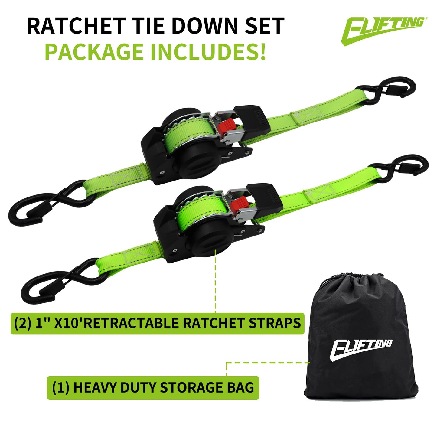 ELIFTING Retractable Ratchet Straps (2-Pack) 1 Inch x 10 Feet Auto Self Retracting Tie Down Straps (1650lbs Break Strength) Reflective Safety Stitching for Motorcycle ATV UTV Truck Trailer - Green