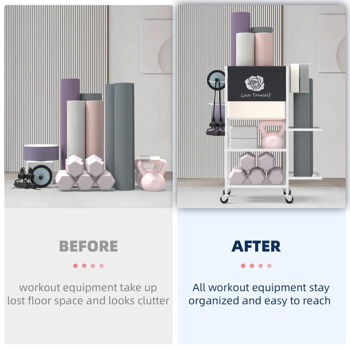 Yoga Mat Storage Rack，Home Gym Storage Rack Gym Workout Equipment Storage Organizer on Wheels for Yoga Mat,Yoga Block,Foam Roller,Resistance Band,Dumbbell,Kettlebell (White)