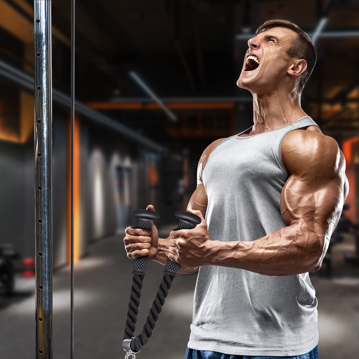 Kipika Tricep Rope 28 Inch, Rope Pull Down Attachment for Cable Machine, Heavy Duty Nylon Rope with Comfortable Soft Handle