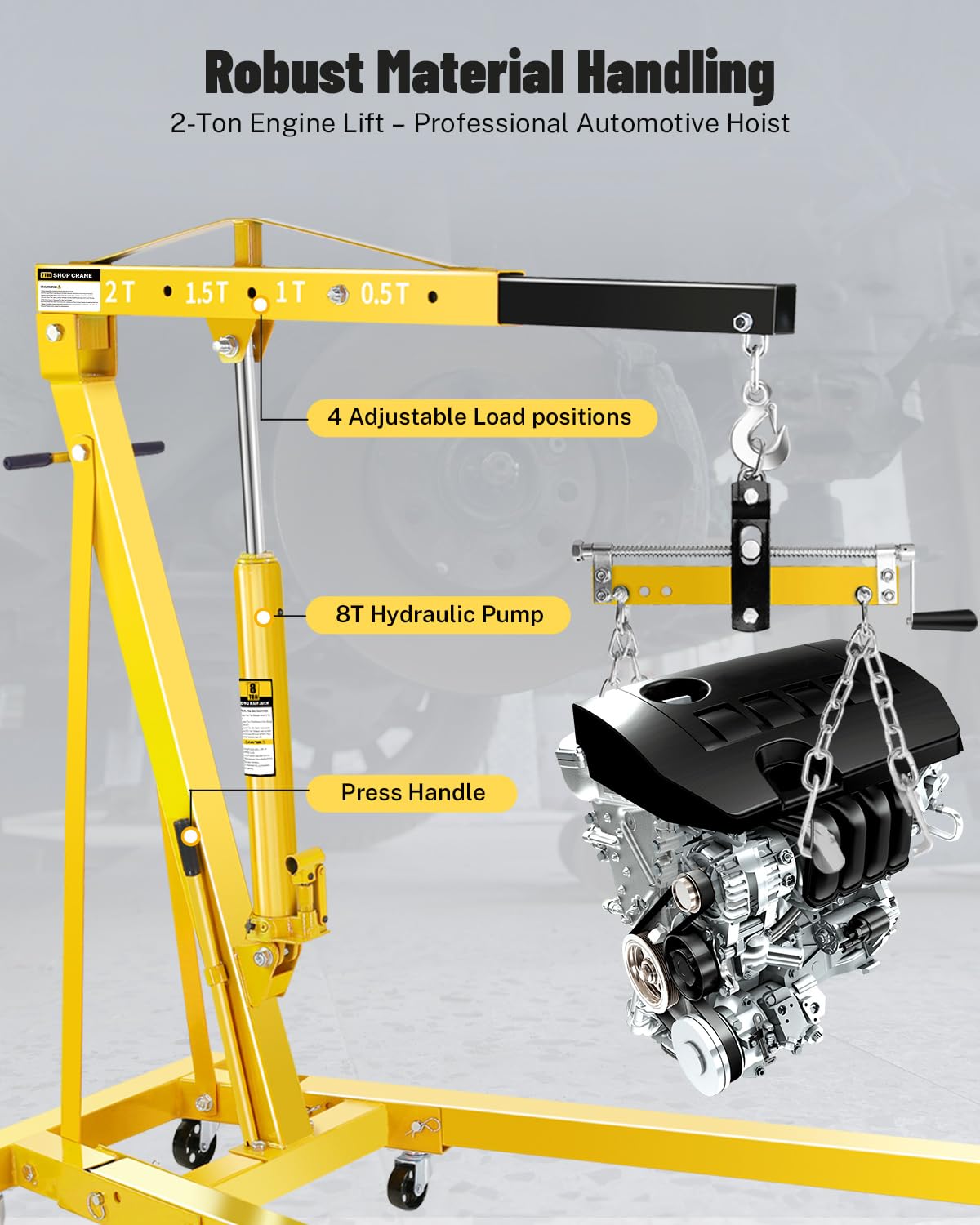 Garvee 2 Ton Engine Hoist Cherry Picker with Lever, 4400 Lbs Capacity with 6 Steel Casters & Foldable Design - Heavy-Duty Portable Hydraulic Crane for Truck Engines, Boat Motors, Farm Equipment