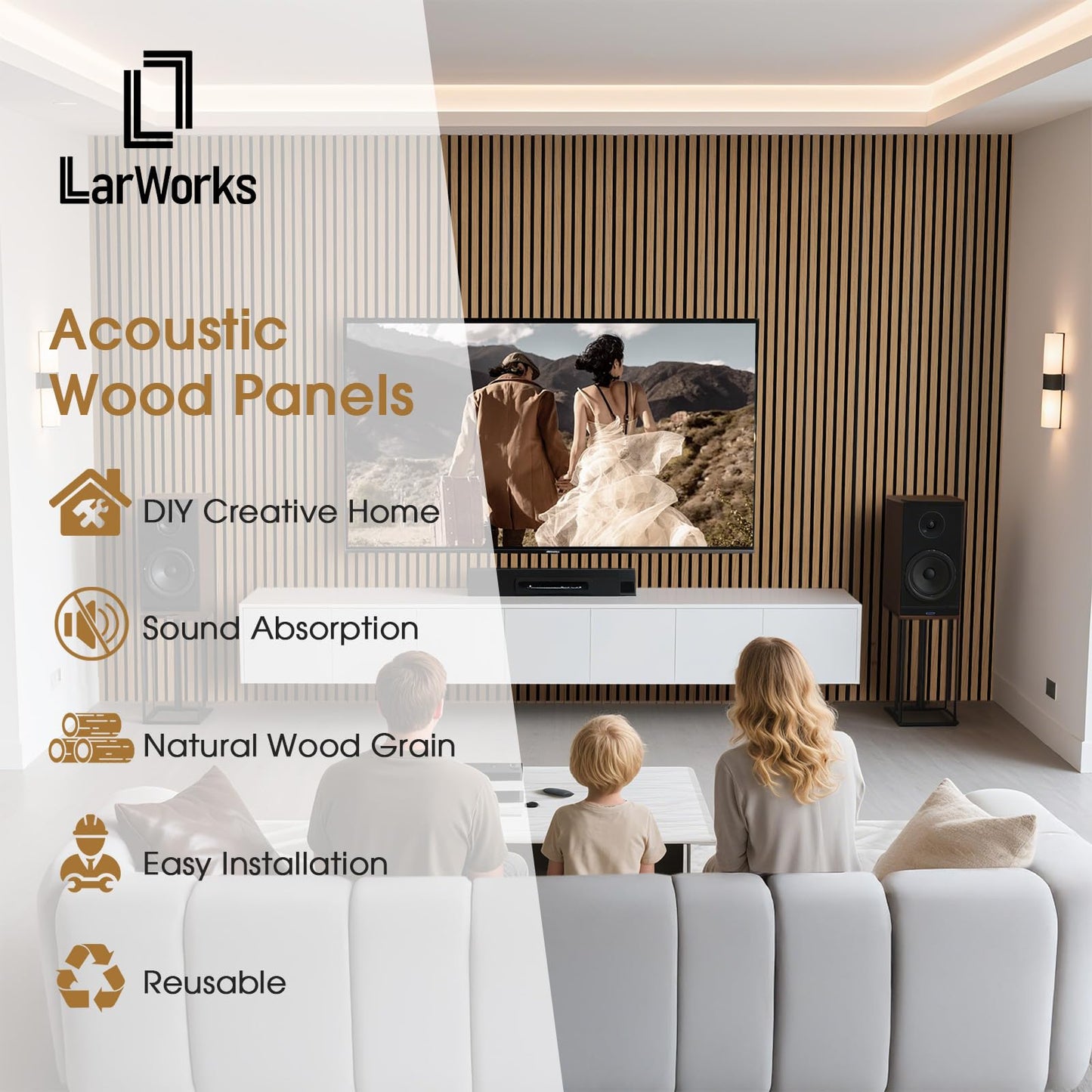 LARWORKS Wood Slat Wall Panels 2 Pack 106" x 23.6", Acoustic Wooden Panel for Wall, Soundproof 3D Fluted Panels for Interior Wall Decor, Living Room, Bedroom - Teak (Cover Approx.35 sq.ft)