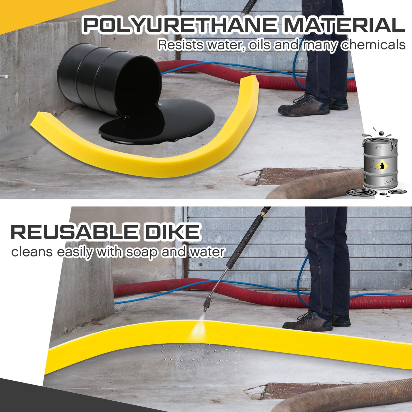 Pushglossy 1 Pcs Spill Barrier Dike 5'L x 4.3"W x 2.4"H Water Dam Barrier Liquid Blocker for Garage Home Floor Flooding Solutions(Yellow)