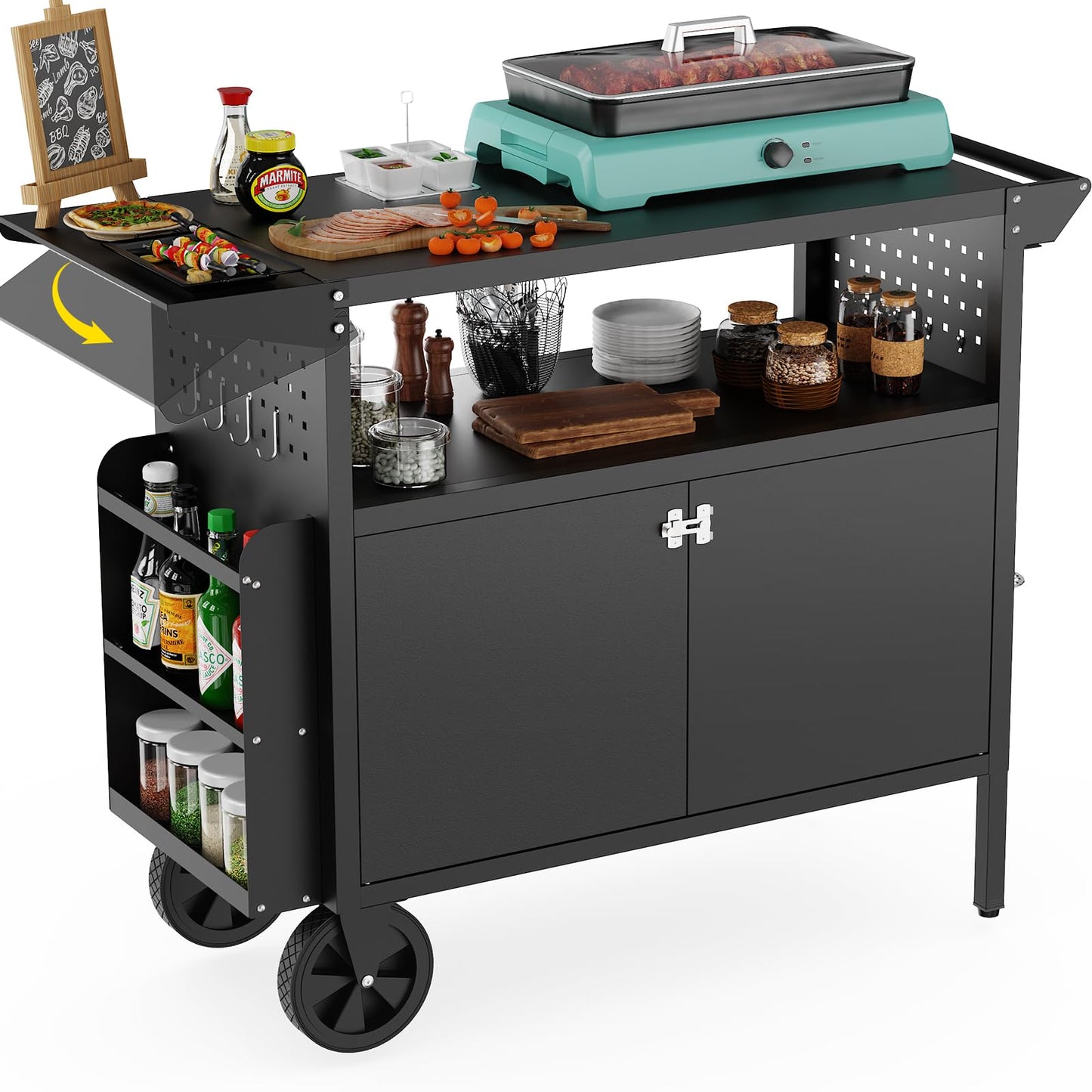 Eltean Grill Table,Outdoor Grill Cart with Storage,Outdoor Kitchen Island with Wheels,Foldable Tabletop for Prep,Patio BBQ(Metal)