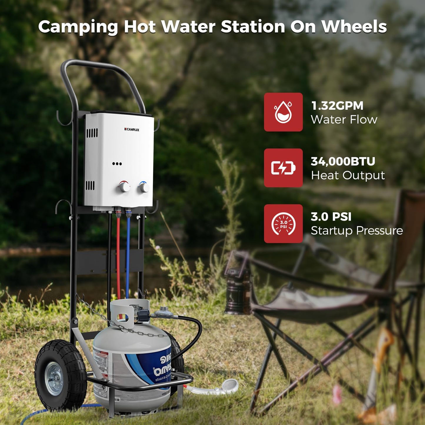 CAMPLUX 5L Portable Tankless Water Heater, 1.32 GPM Outdoor Propane Shower for Camping, RV, Off-Grid, Instant Hot Water with Folding Handle, Overheat Protection, Low Pressure Startup, AY132, White