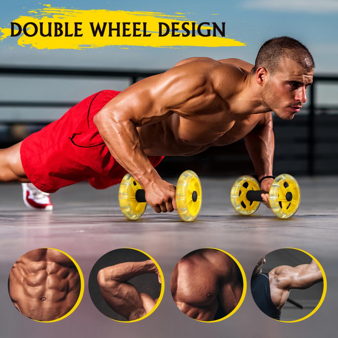 Kisangel Dual Ab Roller Wheel Set for Core Workout, Portable Abdominal Exercise Equipment with Foam Grip for Home Gym, Lightweight Fitness Training Tool for Men and Women, Yellow