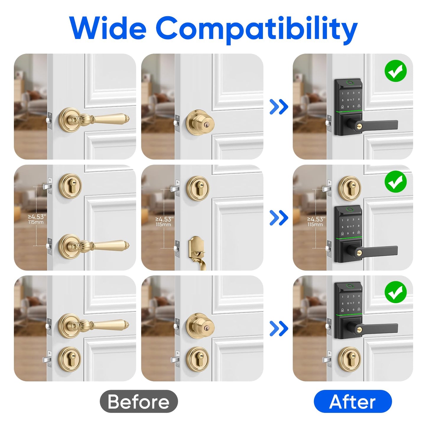 Keypad Smart Door Lock with Handle, Keyless Entry Deadbolt for Front Door, Smart Auto Lock Deadbolt with Phone/Watch App Control, Biometric Fingerprint Gate Handle with 7 Ways to Unlock