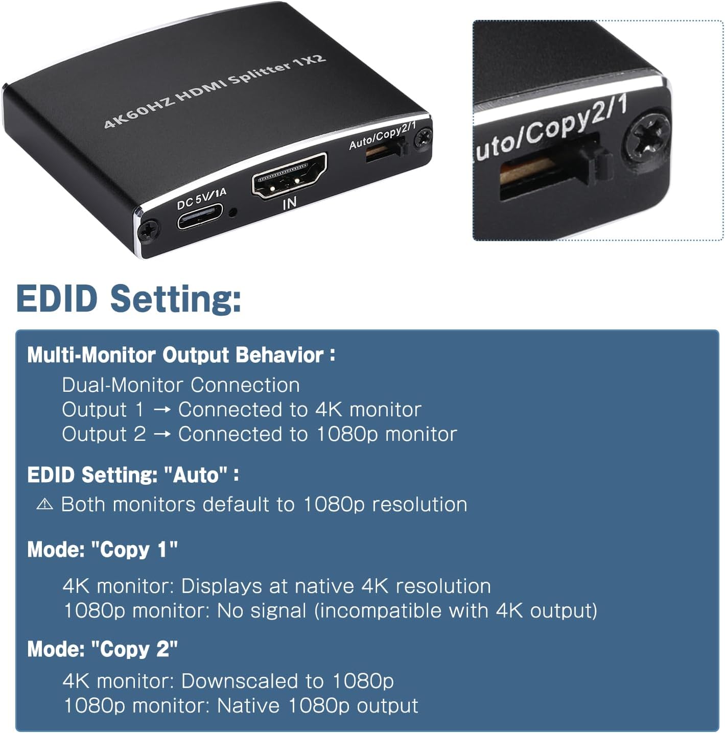 Wonlyus 2026 4K@60Hz 2.0b 1 2 4K 18Gbps HDCP2.2 3D Dolby PS5, Upgraded HDMI Splitter in Out, HDMI Splitter Duplicate