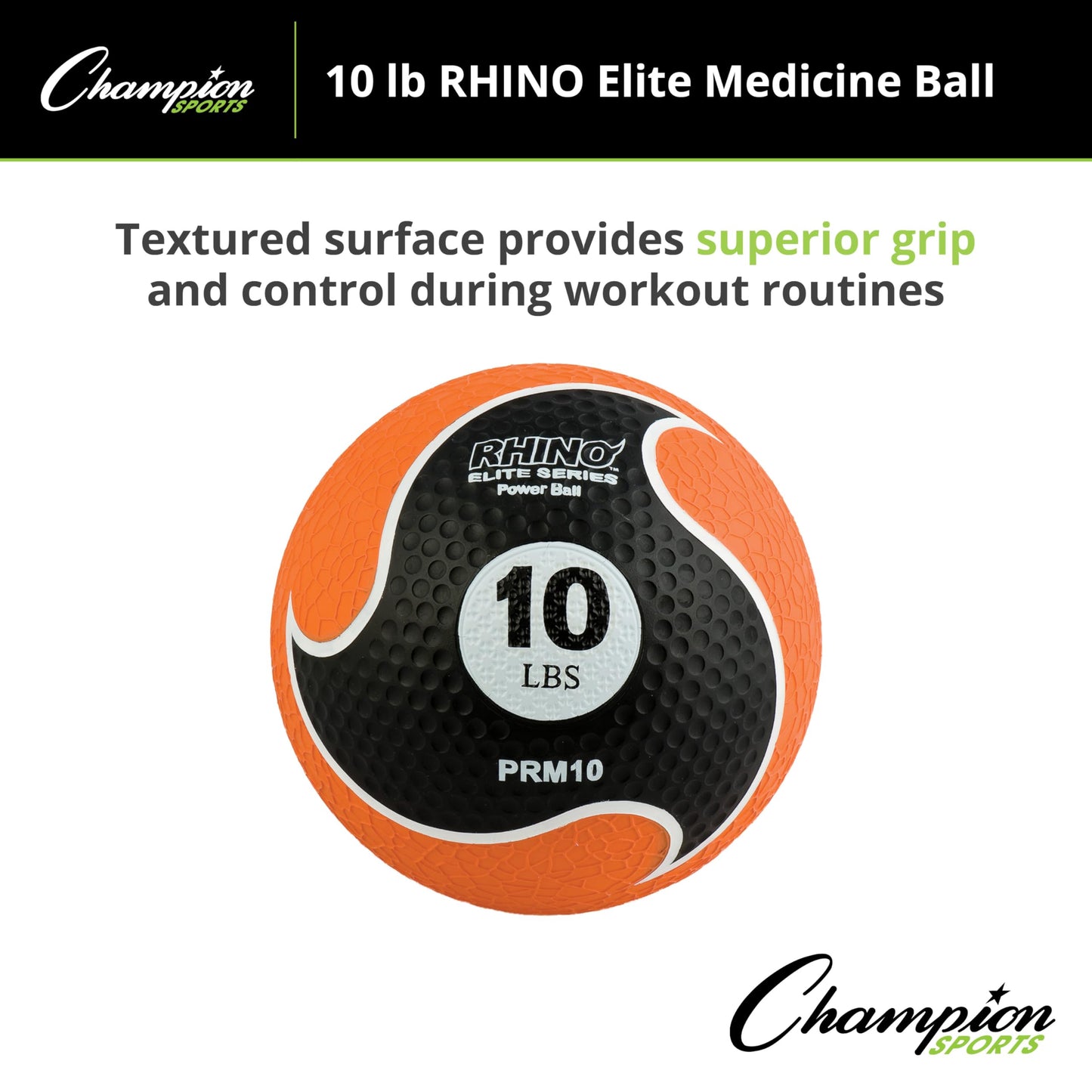 Champion Sports Rhino Elite Medicine Ball-Durable Rubber Weighted Ball & Textured Grip for Core Strength-Cardio & Cross-Training Workouts-Home or Gym Fitness-Orange (10lbs)