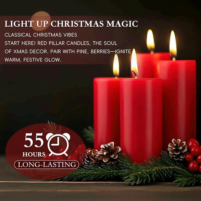Red Pillar Candles - 6 Packs, 2.8x4 Inch, Unscented Pillar Candles Bulk, 56 Hours Long Burning Candles, Dripless & Smokeless Large Red Candles for Holiday Decor, Fireplace, Christmas,Advent