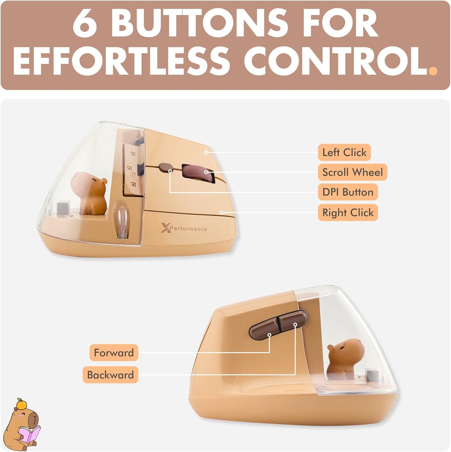 X9 Performance 2.4G) 4000 6 Wireless Vertical Ergonomic Mouse - Click with Capybara - (BT + Up to DPI, Button