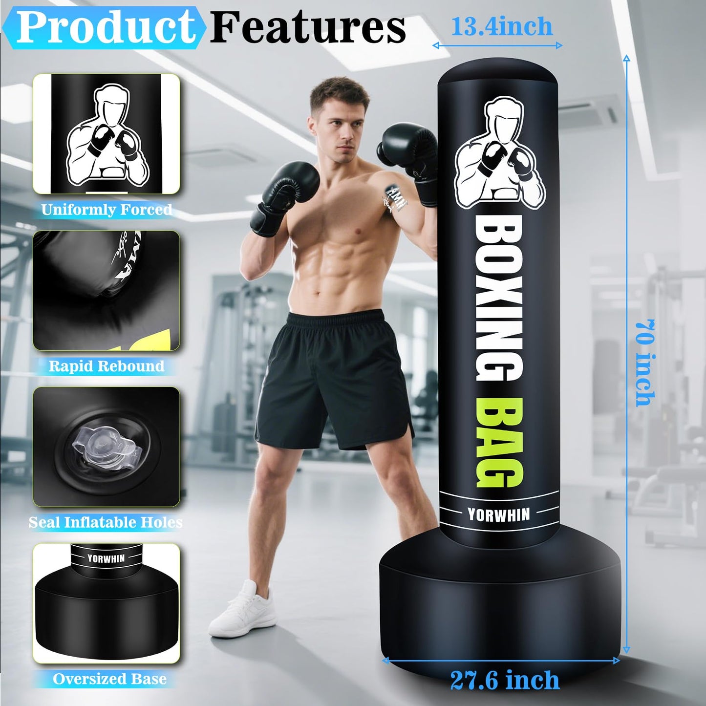 Heavy Freestanding Punching Bag for Adults, 70'' Standing Punching Bag Heavy Bag with Boxing Gloves, Women Men Boxing Training Equipment Kickboxing Bags for Beginners Training MMA Fitness Home Gym
