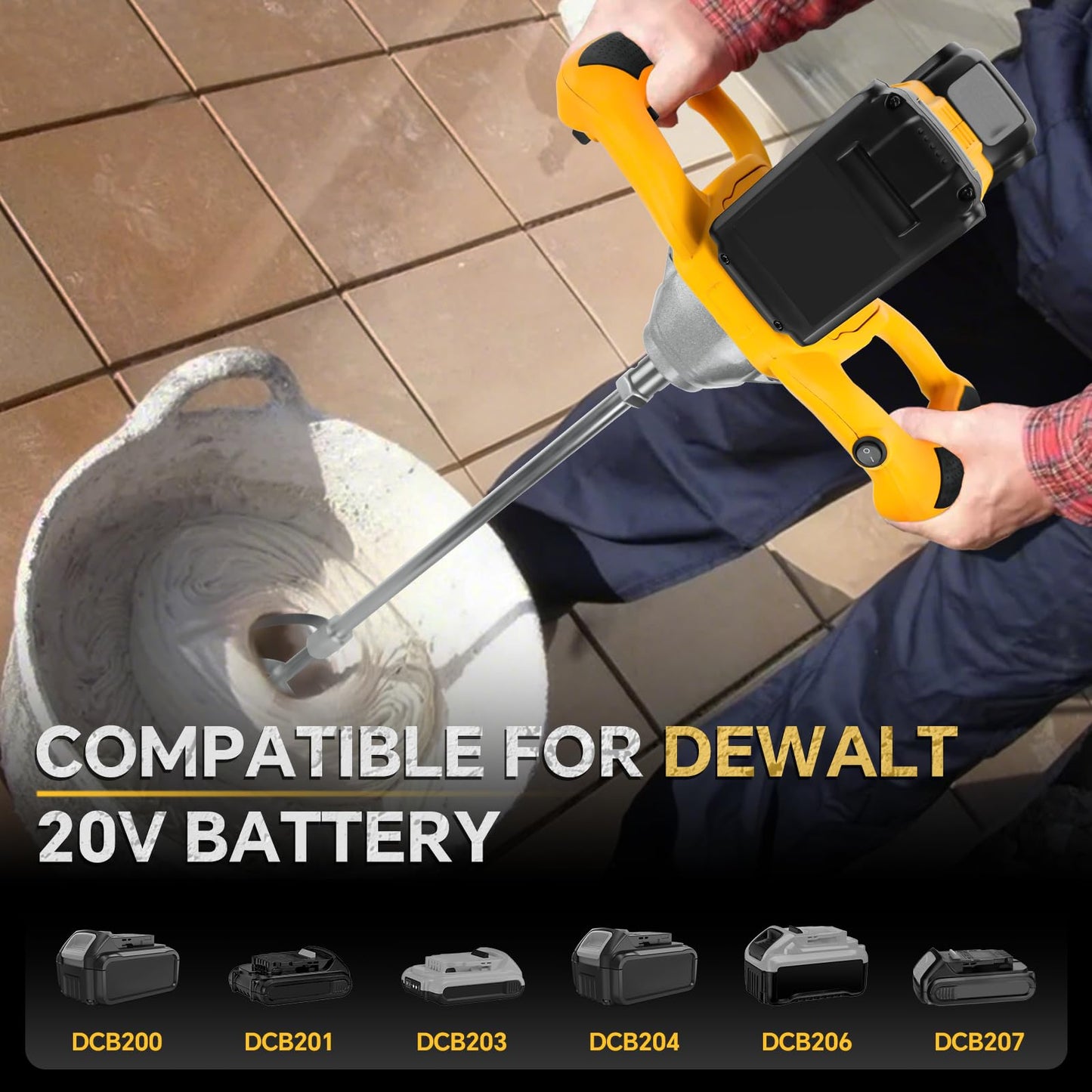 Cordless Cement Mixer, for Dewalt 20V Battery, 1200W Handheld Electric Concrete Mixer, 6 Adjustable Speed Mud Mixer for Fodder,Paint,Glue,Meat,Putty,Cement