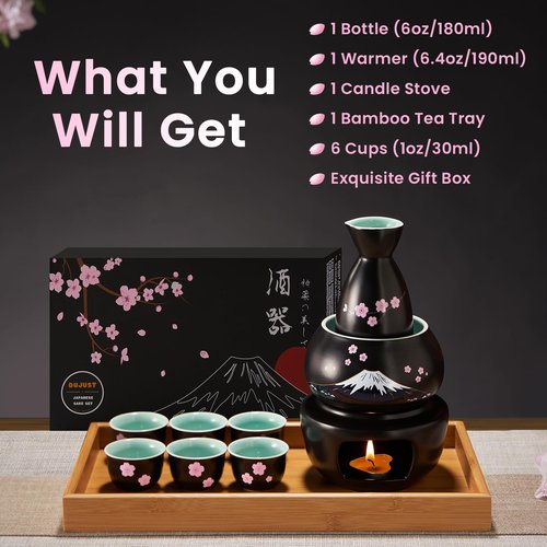 DUJUST 10 pcs Japanese Sake Set with Warmer for 6, Sakura & Fuji Design Porcelain Sake Set, 6 Sake Cups, 1 Bottle, 1 Warmer, 1 Candle Stove, 1 Tray & 1 Box, Warm Sake Carafe, Japanese Gifts - Black