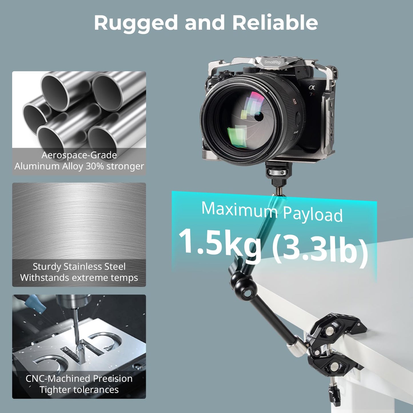 SMALLRIG 12.9 Inches Magic Arm Clamp, with 1/4'' Screw & Anti-Deflection Retractable Pin, Clamp Mount for GoPro/for Insta360 /for DJI Action/for DSLR/for Light/for Monitor/for Phone - 5312