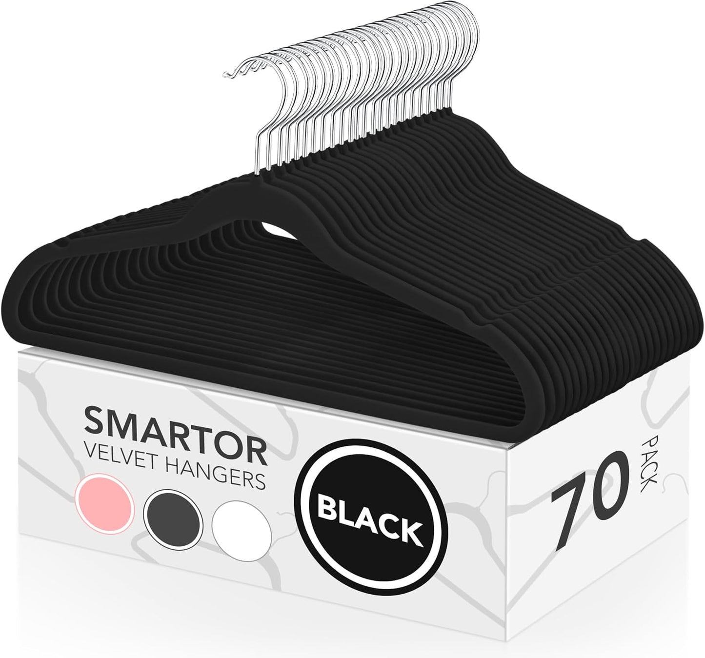 Smartor Velvet Hangers - 70 Pack Black Non-Slip Heavy Duty Felt Hangers | Premium Slim Closet Organizer with 360° Rotating Hook