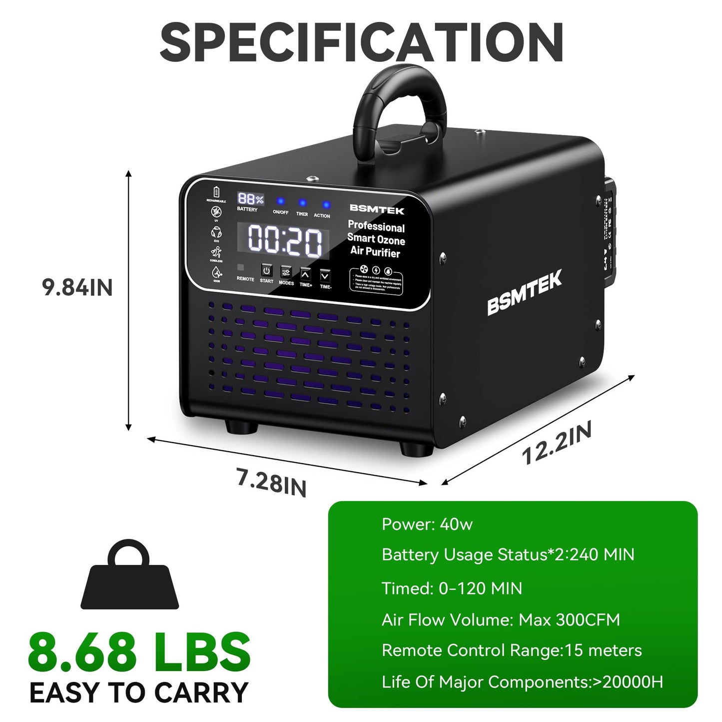 Cordless Ozone Generator - 1,000,000mg/h Professional Grade Covers 10000 Sq-Ft+, 2026 Upgraded Portable Deisgn with 2x 5000mAh Battery for 8-10 Hours Use, With Remote Control, Black