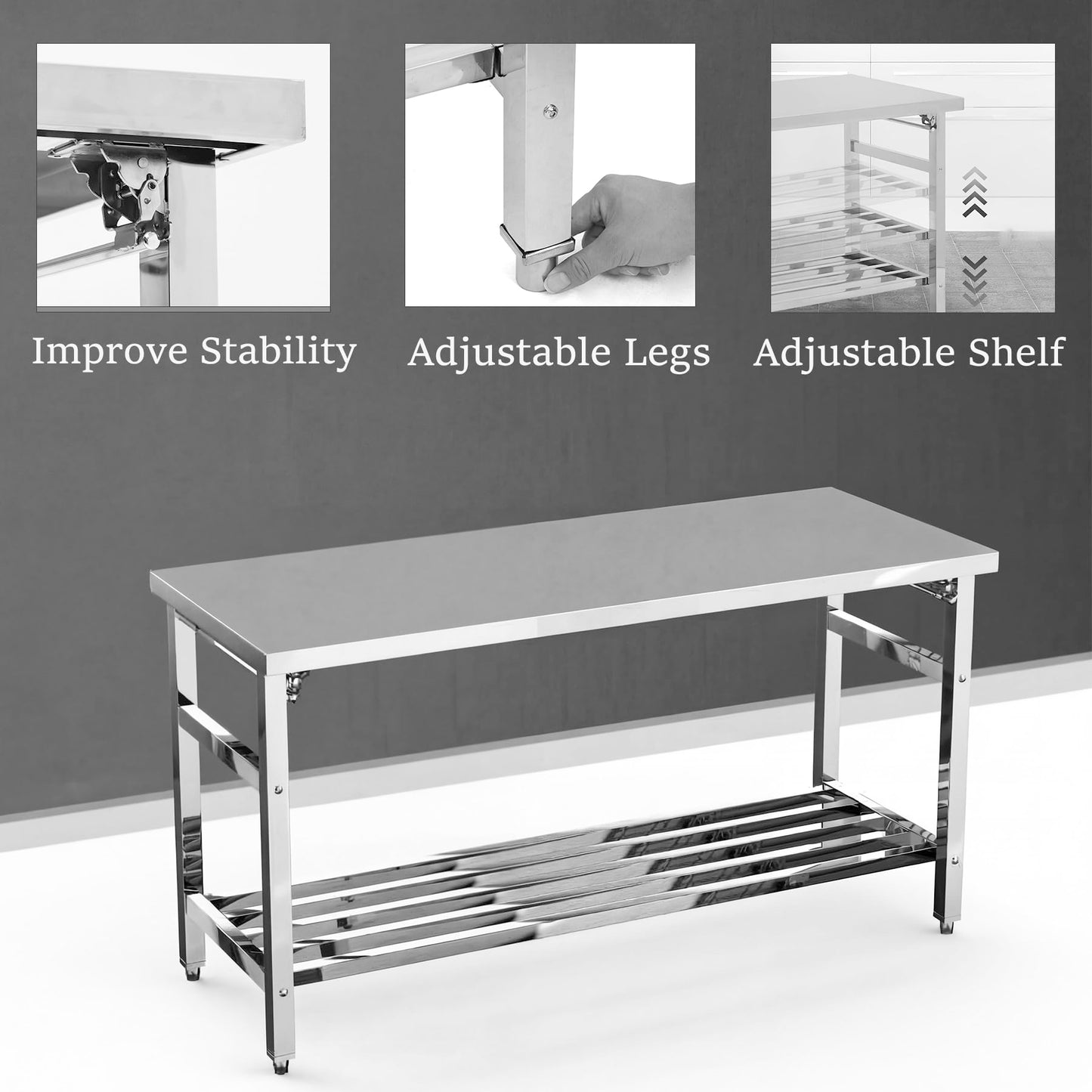 Garvee 60" x 24" Stainless Steel Folding Prep Table, Heavy Duty Commercial Work Table with Adjustable Undershelf for Restaurant, Kitchen, Food Service, Space-Saving, No Installation Required