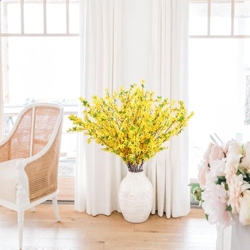 MHMJON 10PCS 34.65'' Artificial Forsythia Branches Yellow Flowers Fake Forsythia Blossom Long Stems Fake Winter Jasmine Cemetery Flowers for Home Table Wedding Graveyard Indoor Outdoor Decor