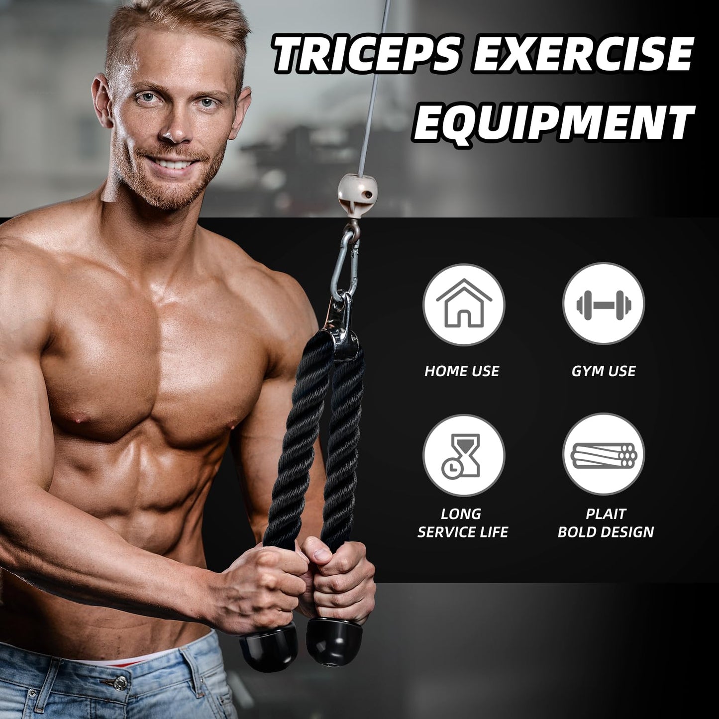 tchrules Universal Tricep Rope Pull Down - 28 Inch Heavy Rope Length, Easy to Grip & Non Slip Cable Attachment, Suitable for Professional Gyms (Black)
