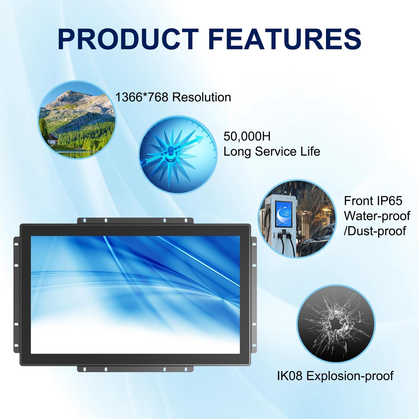 Bosunre 18.5 Inch Multi-Touch Industrial Touch Screen Monitor, 1366x768 IP65 Waterproof IK08 Impact-Resistant Display with HD-MI, VGA Port, Open Frame Touch Monitor 16:9 Black