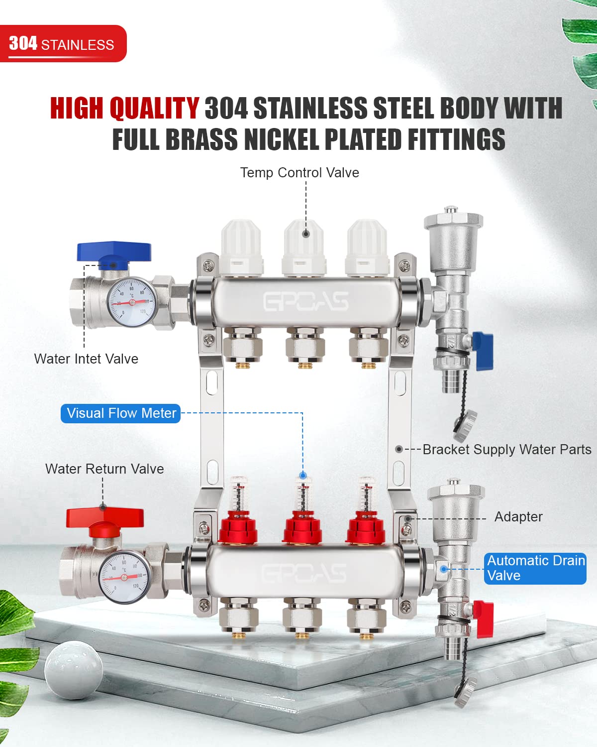 3-Branch Radiant Floor Heating PEX Manifold Set 3 Loop 1/2 Inch Stainless Steel PEX Tube,For Hydronic Radiant Floor Heating