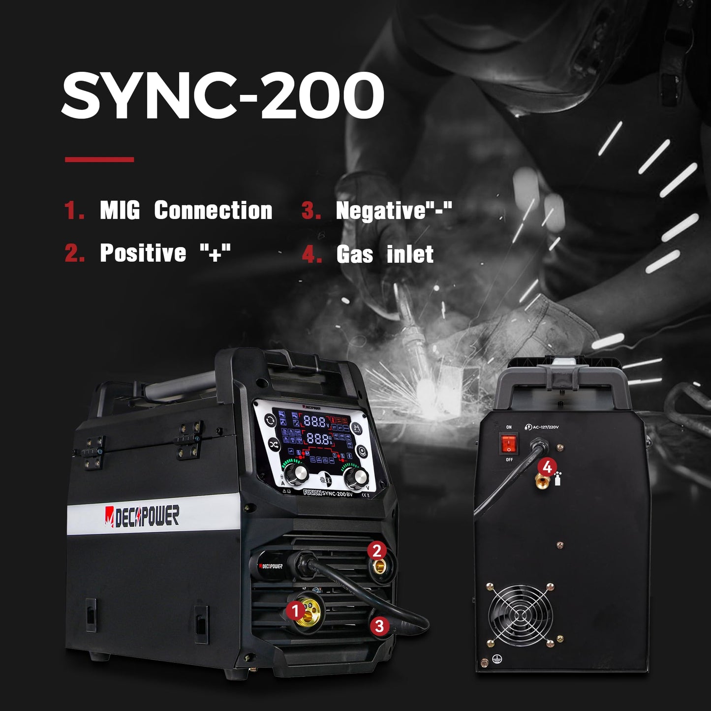 DECAPOWER 110V 220V Dual Voltage 200 amps gas gasless MIG Welder 3 in 1 MIG FLUX TIG Stick multi function MIG Aluminum welding machine with spot function