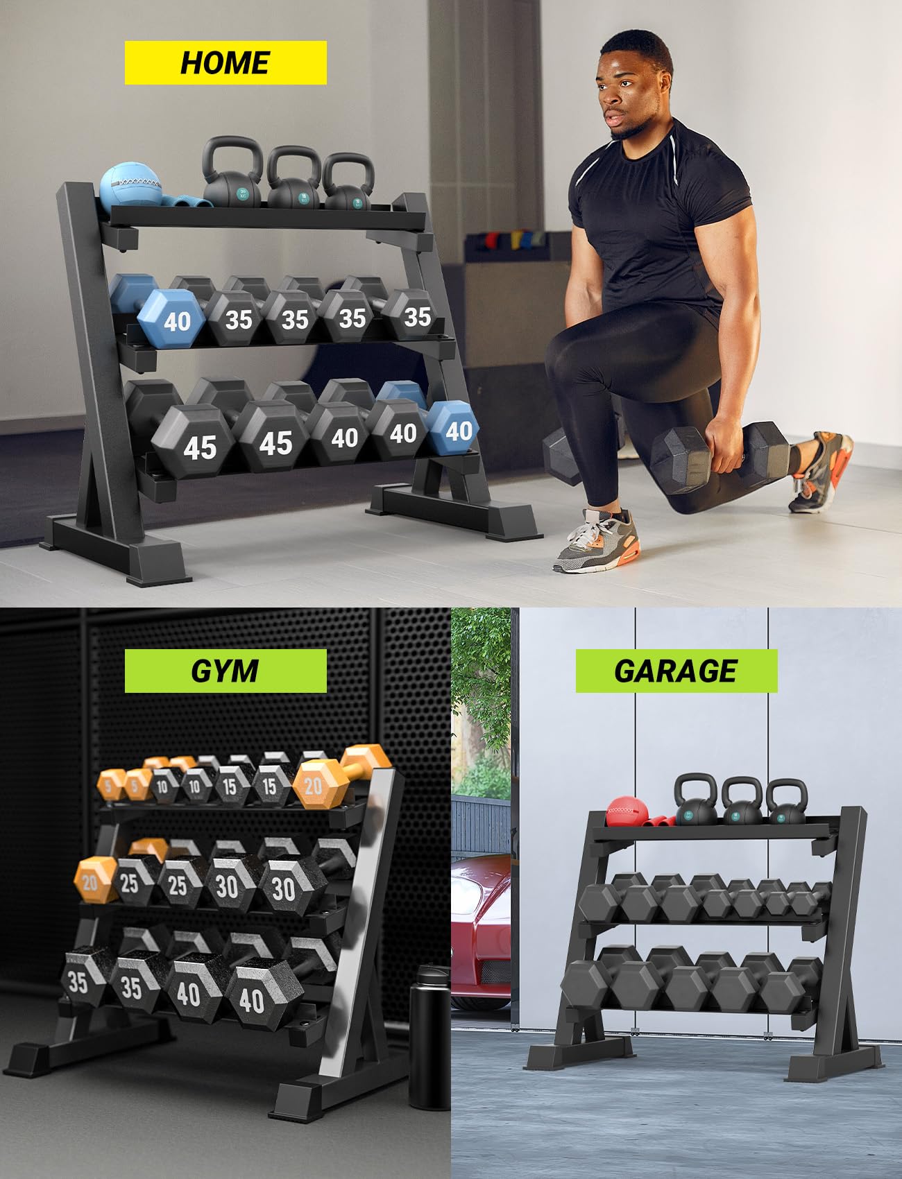 YOLEO Dumbbell Rack - 3 Tier & 5 Tier Compact Weight Rack for Dumbbell, Kettlebell, Barbell, Heavy Duty Weight Storage Organizer, Space-Saving Dumbbell Storage Stand Holder for Home Gym - 1100LBS Capacity (Rack Only) (STANDARD, Rectangular Frame)