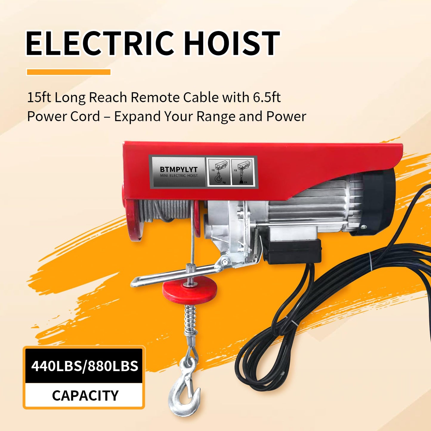 BTMPYLYT 110V Electric Hoist Winch 880 LBS Double Hook Lifting Capacity, 14.7ft Wired Remote, 39ft Lifting Height, 6.6ft Power Cord for Industrial, Workshop, Garage