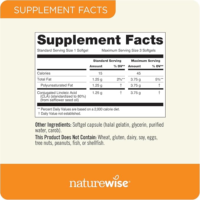 NatureWise CLA 1250 - Conjugated Linoleic Acid Supplement for Women and Men, Not Stimulating, Supports Healthy Weight, Fitness Goals - Non-GMO, Gluten Free - 90 Softgels[1-Month Supply]