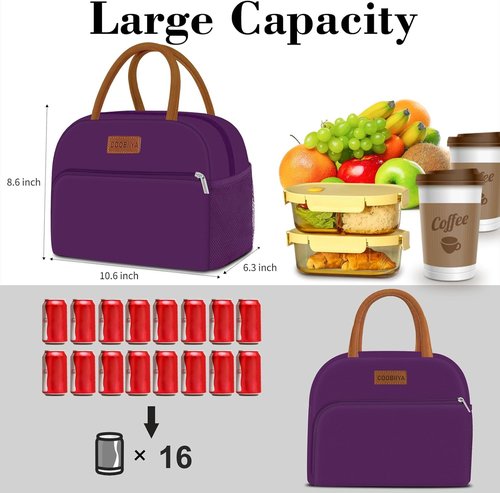 Coobiiya Insulated Lunch Bag - Cute & Leakproof Tote for Work, Office, or Travel | Large Capacity - Purple