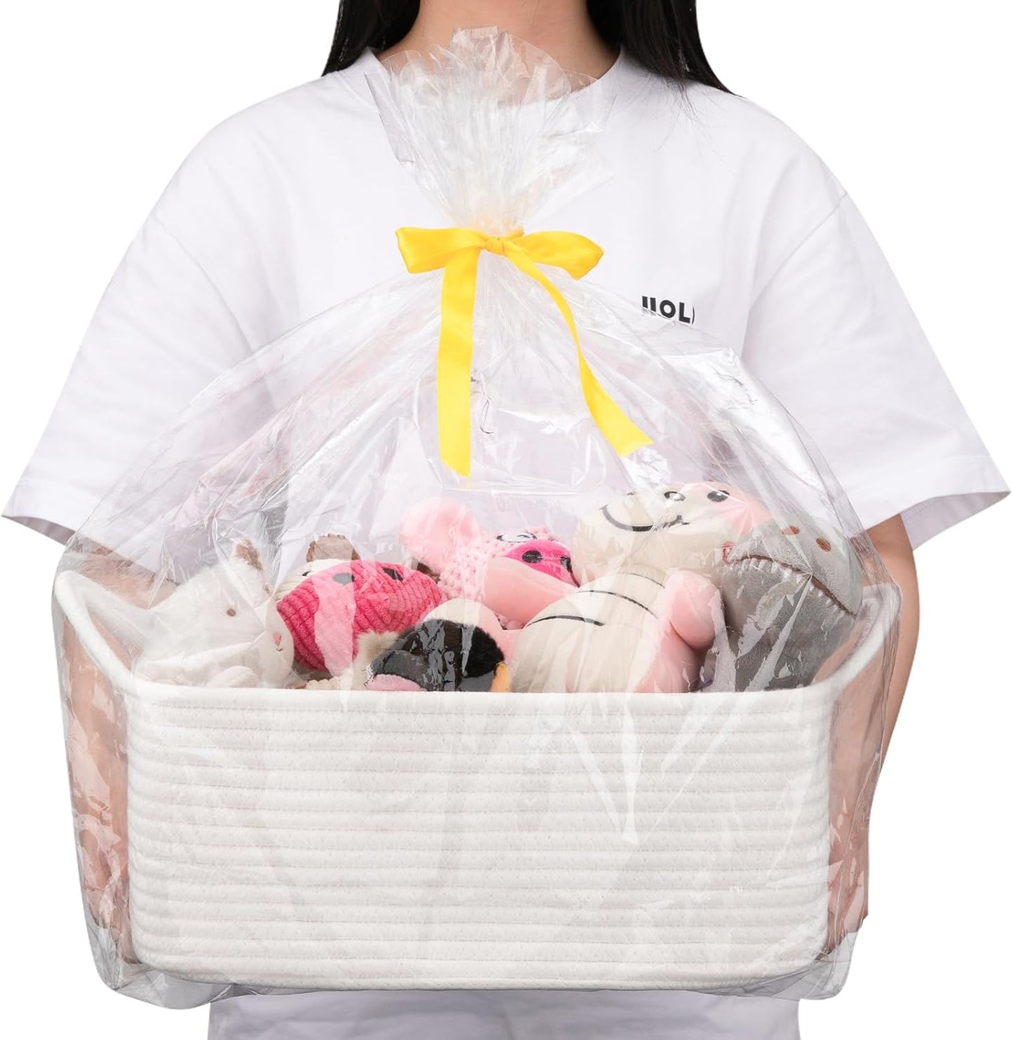 OIAHOMY Woven Storage Basket - Versatile Gift Basket with Handles for Baby Showers | White