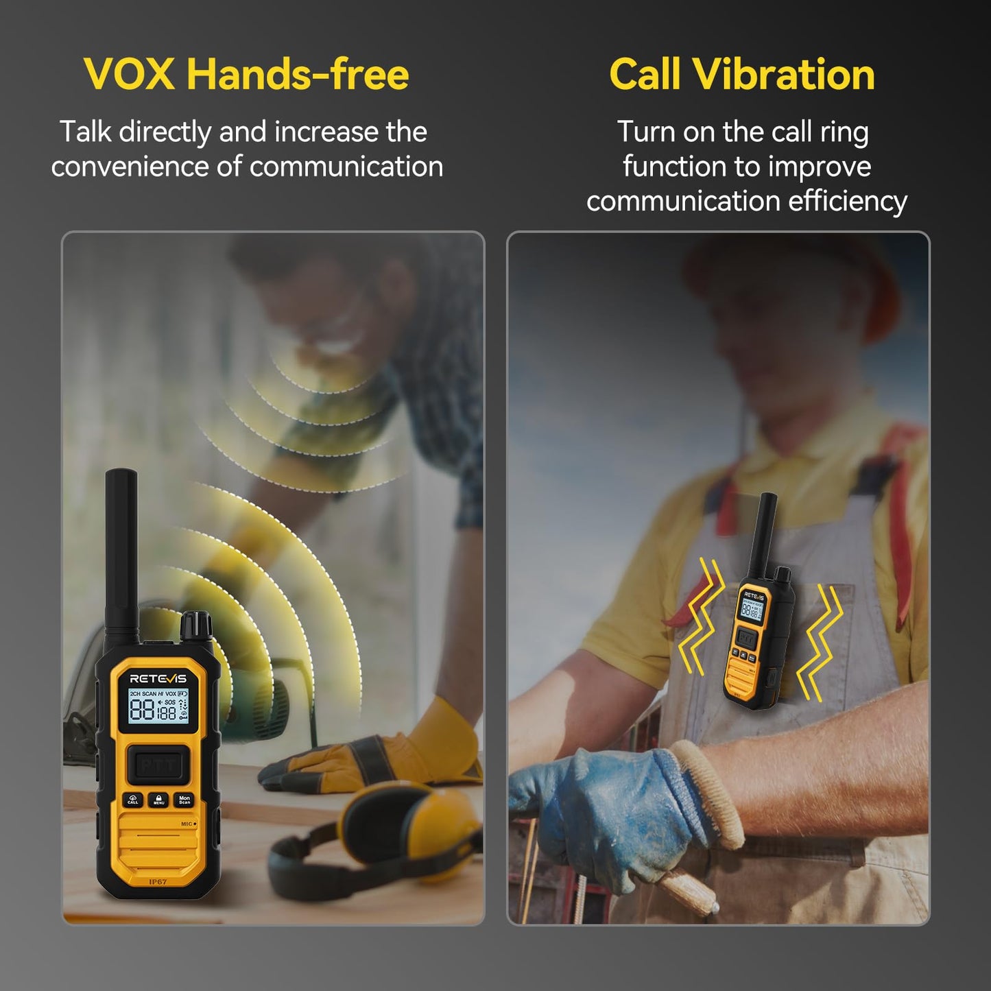 Retevis RB48 Plus IP67 Waterproof Heavy Duty Long Range Walkie Talkies, GMRS Radio, Construction Jobsite Two Way Radio, NOAA, Shock Resistant, Dual PTT, Emergency, Vibration Reminder(4 Pack)