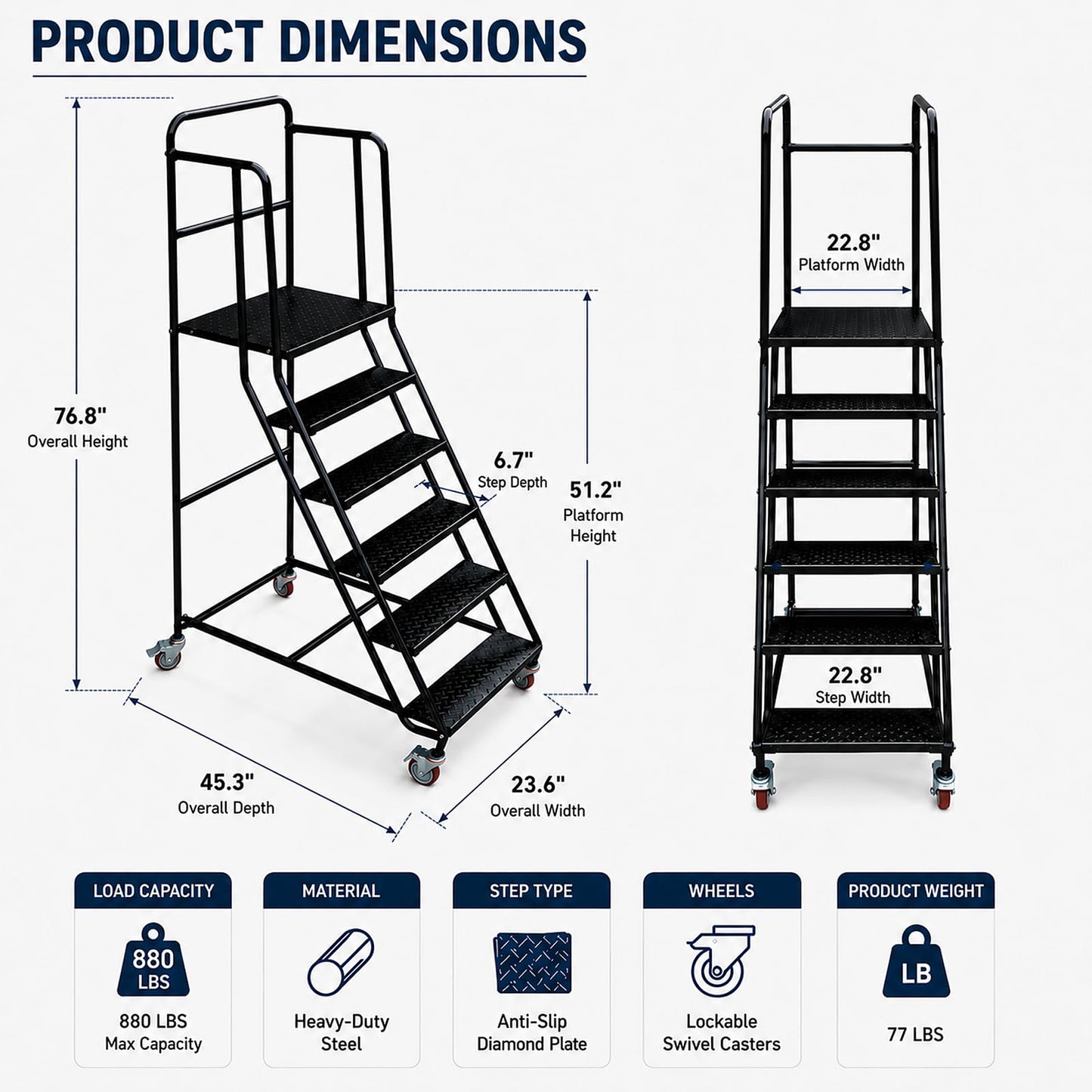 6 Step Rolling Ladder with Handrails, 880 lbs Capacity Heavy Duty Steel Mobile Warehouse Ladder with Locking Wheels, Non-Slip Rolling Stairs with Large Platform for Garage, Stockroom, Library