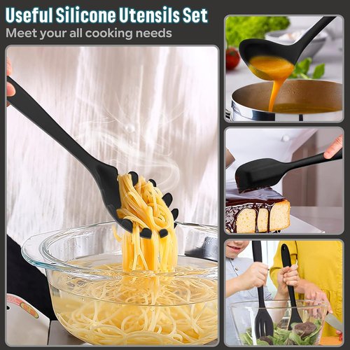 E-far Silicone Cooking Utensils Set - 7-Piece Heat Resistant Nonstick Kitchen Tools | Black, Non-Toxic & Dishwasher Safe