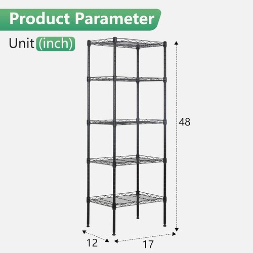 FDW Wire Shelving Unit - 5-Tier Adjustable Metal Shelves for Kitchen & Garage | 17L x 12W x 48H, Black