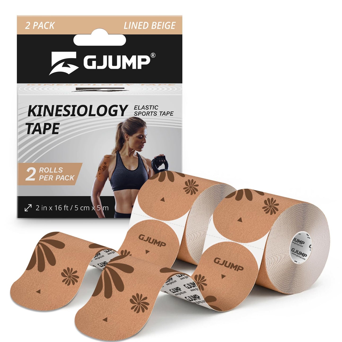 GJUMP Floral Sports Kinesiology Tape – 40 Precut Strips, Athletic Tape for Running, Dance, Yoga & Daily Support, Waterproof Cotton Tape for Muscle Relief & Joint Support (Beige Floral)