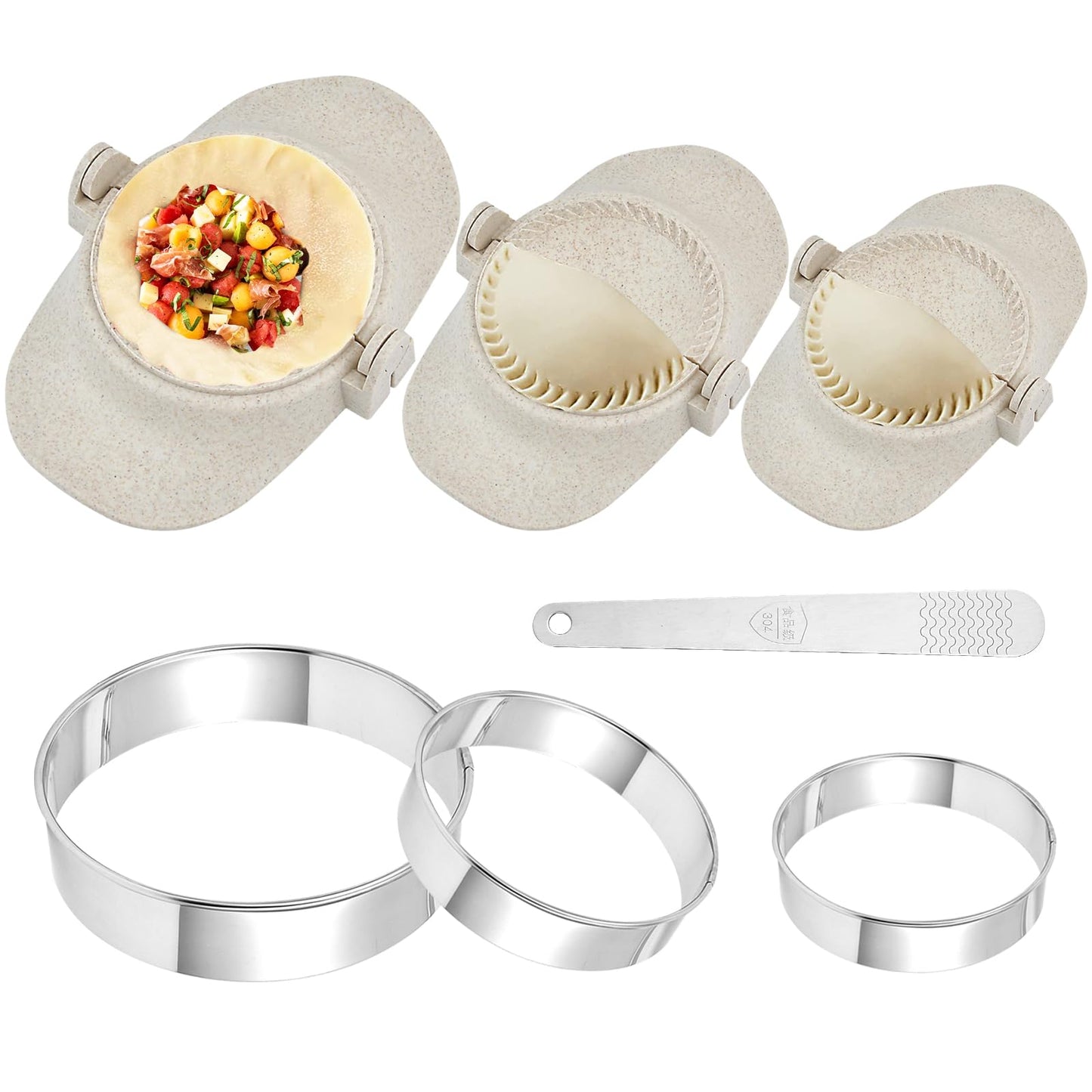 Worldity 7 Pieces Empanada Maker Press, All-in-One 3 Size (4.25/3.14/2.67in) Dumpling Maker Press with Dough Cutter and Stuffing Spoon, Dumpling Mold for Pierogi, Chinese Dumplings, Ravioli and Pie