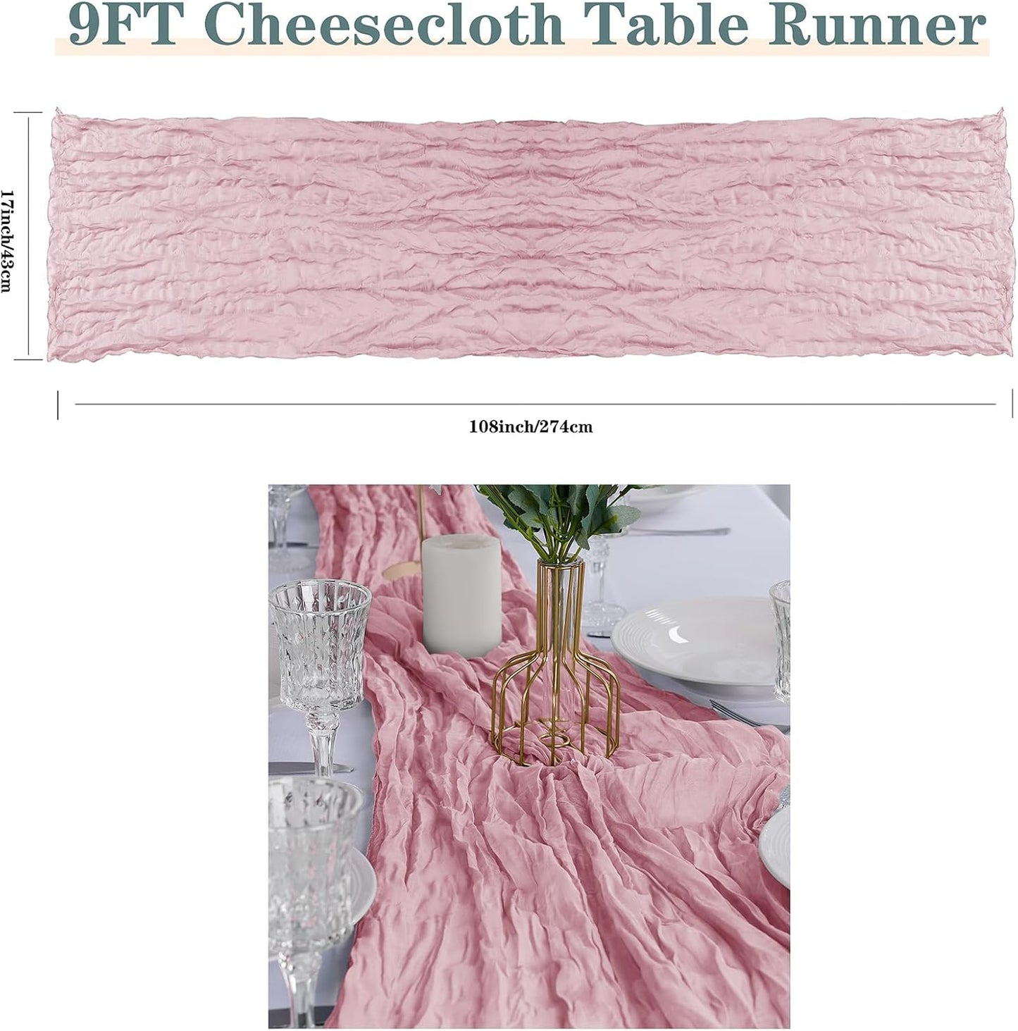 Skiennix 6 Pack Cheesecloth Table Runner - 9ft Rustic Pink Gauze for Weddings & Events | 17 x 108 Inch