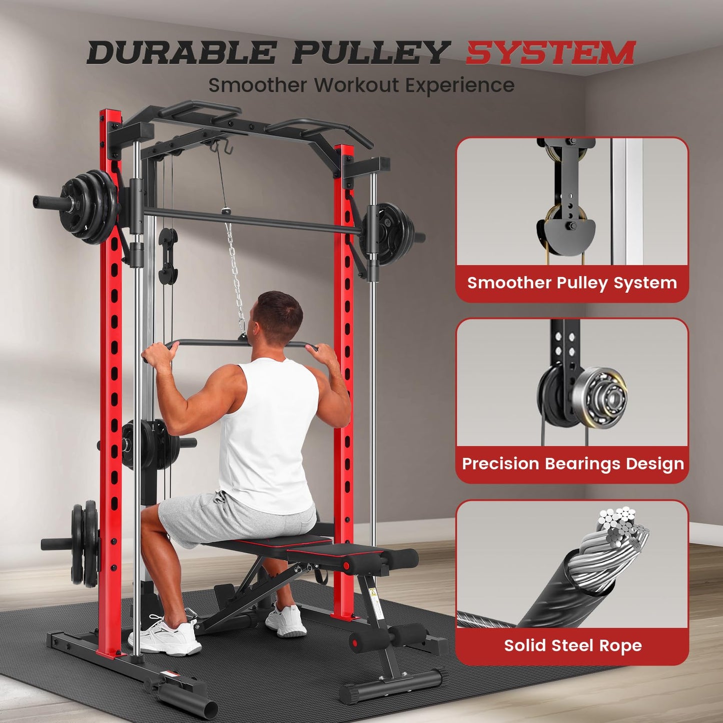 OPPSDECOR All-in-One Smith Machine for Home Gym, 1400LBS Multi-Functional Power Cage Squat Rack with LAT Pulldown System, Cable Machine & Barbell Bar - Strength Training Equipment with Attachments